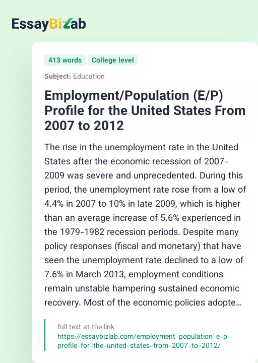 Employment/Population (E/P) Profile for the United States From 2007 to 2012 - Essay Preview