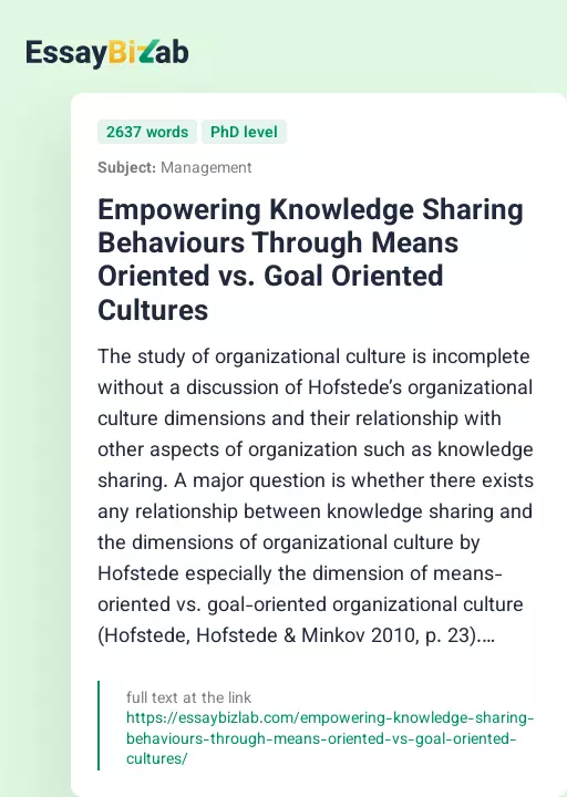 Empowering Knowledge Sharing Behaviours Through Means Oriented vs. Goal Oriented Cultures - Essay Preview
