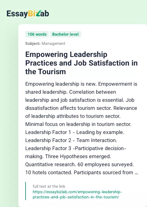 Empowering Leadership Practices and Job Satisfaction in the Tourism - Essay Preview