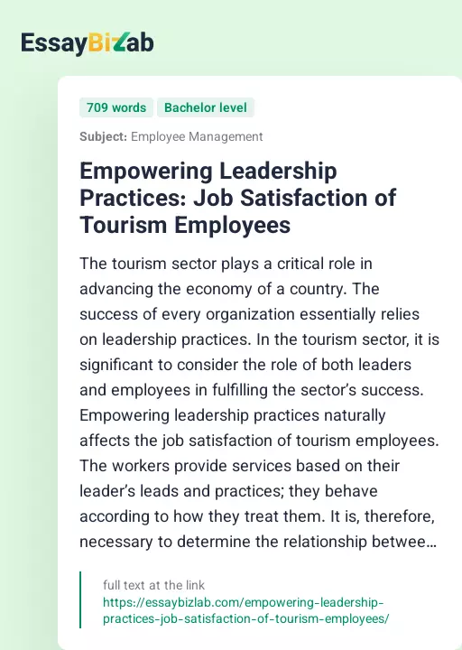 Empowering Leadership Practices: Job Satisfaction of Tourism Employees - Essay Preview