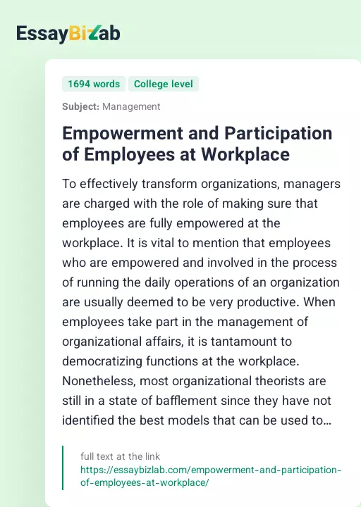 Empowerment and Participation of Employees at Workplace - Essay Preview