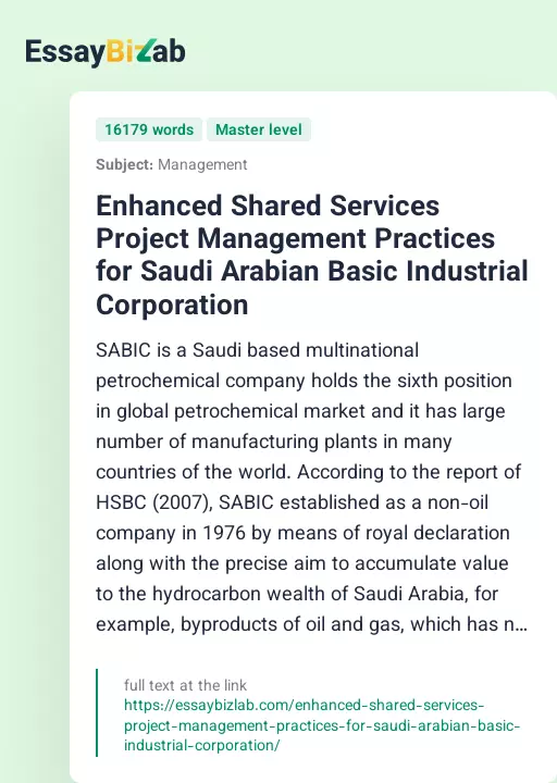 Enhanced Shared Services Project Management Practices for Saudi Arabian Basic Industrial Corporation - Essay Preview