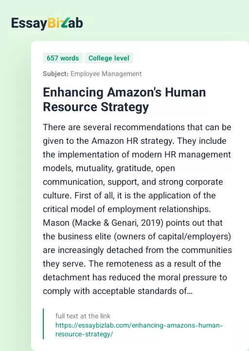 Enhancing Amazon's Human Resource Strategy - Essay Preview