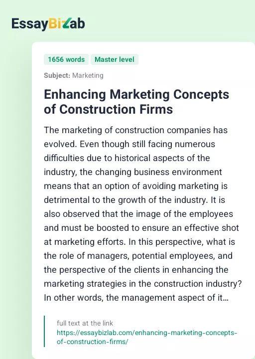 Enhancing Marketing Concepts of Construction Firms - Essay Preview