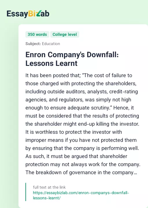 Enron Company's Downfall: Lessons Learnt - Essay Preview