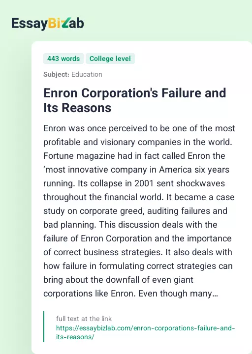 Enron Corporation's Failure and Its Reasons - Essay Preview