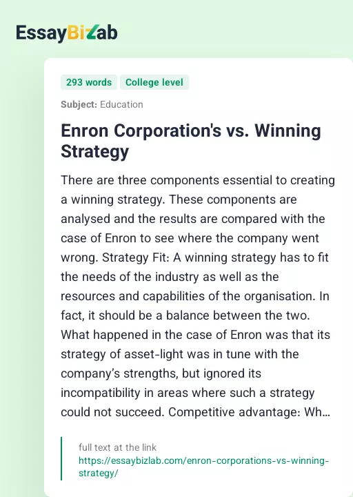 Enron Corporation's vs. Winning Strategy - Essay Preview