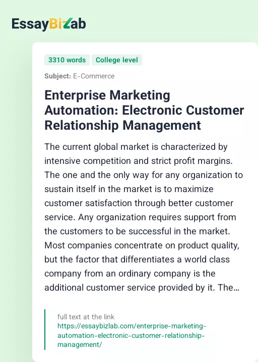 Enterprise Marketing Automation: Electronic Customer Relationship Management - Essay Preview