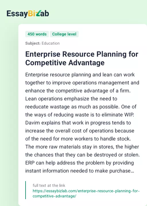 Enterprise Resource Planning for Competitive Advantage - Essay Preview