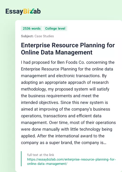 Enterprise Resource Planning for Online Data Management - Essay Preview