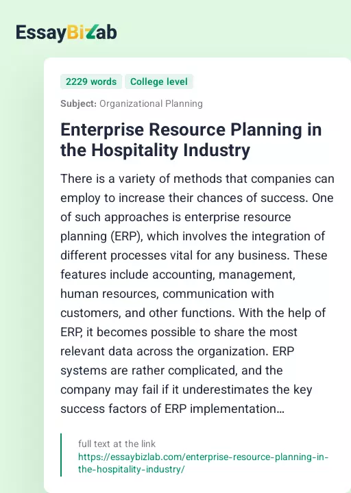 Enterprise Resource Planning in the Hospitality Industry - Essay Preview