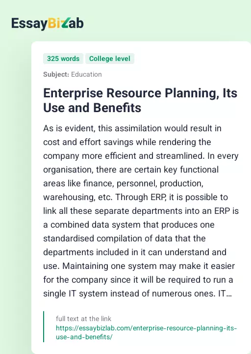 Enterprise Resource Planning, Its Use and Benefits - Essay Preview