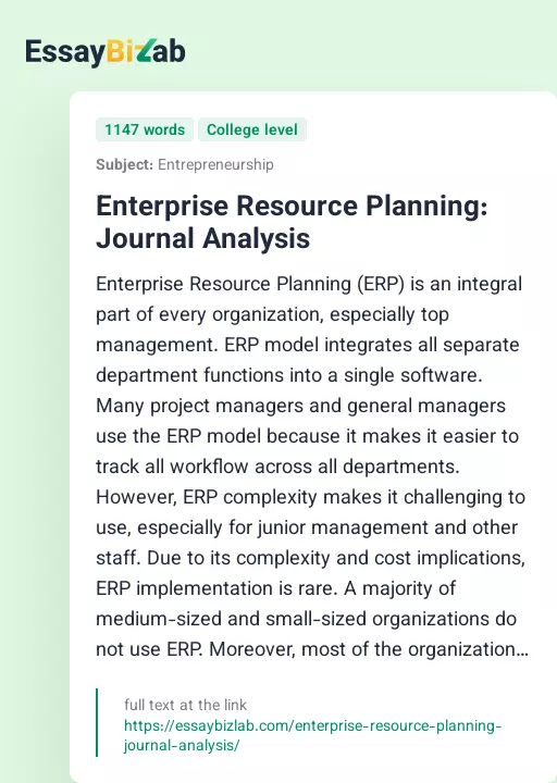 Enterprise Resource Planning: Journal Analysis - Essay Preview