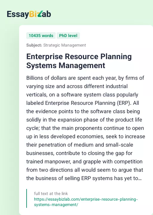 Enterprise Resource Planning Systems Management - Essay Preview