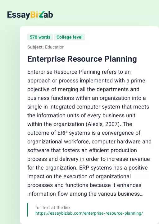 Enterprise Resource Planning - Essay Preview