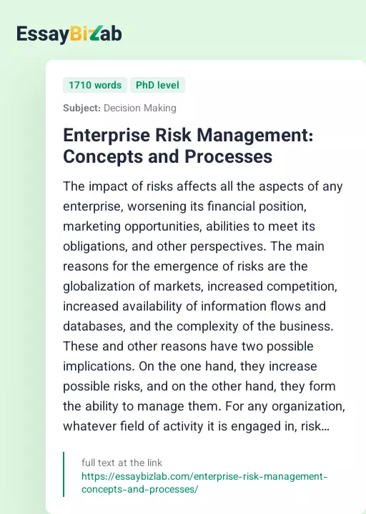 Enterprise Risk Management: Concepts and Processes - Essay Preview