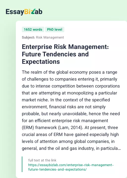 Enterprise Risk Management: Future Tendencies and Expectations - Essay Preview