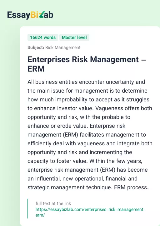 Enterprises Risk Management – ERM - Essay Preview