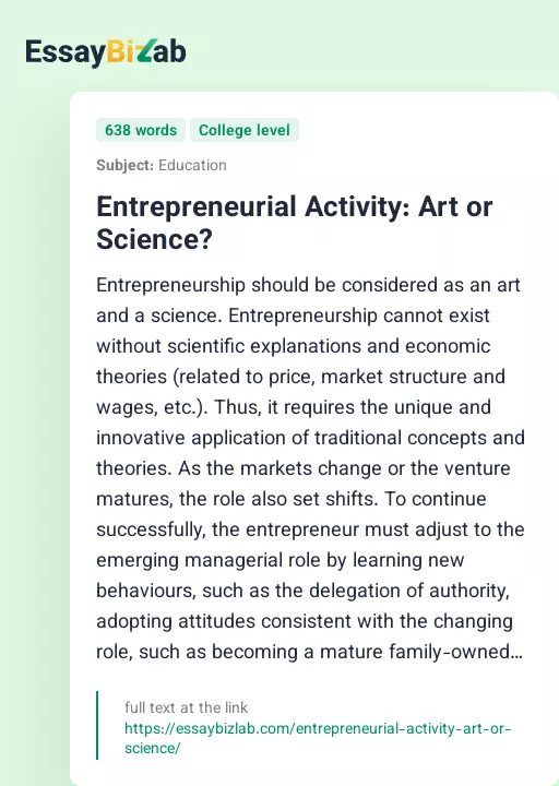 Entrepreneurial Activity: Art or Science? - Essay Preview