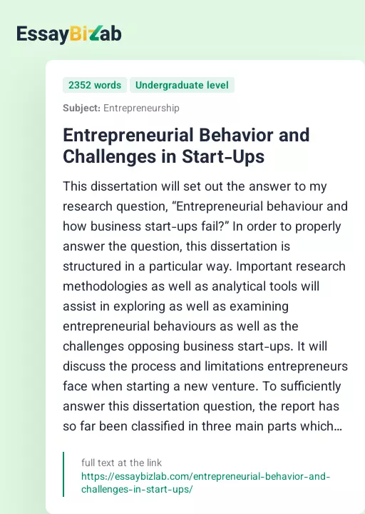 Entrepreneurial Behavior and Challenges in Start-Ups - Essay Preview