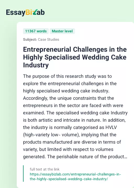 Entrepreneurial Challenges in the Highly Specialised Wedding Cake Industry - Essay Preview
