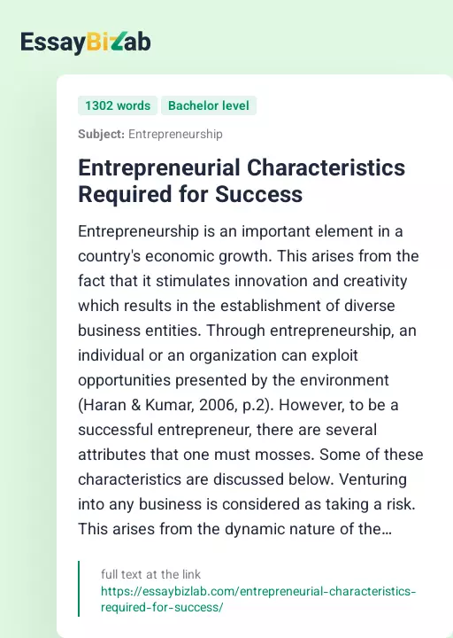 Entrepreneurial Characteristics Required for Success - Essay Preview