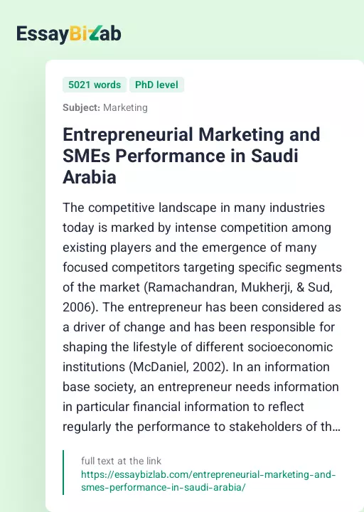 Entrepreneurial Marketing and SMEs Performance in Saudi Arabia - Essay Preview