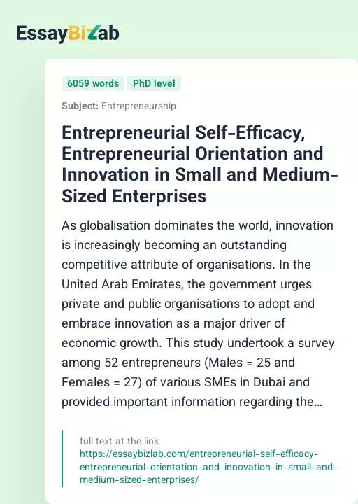 Entrepreneurial Self-Efficacy, Entrepreneurial Orientation and Innovation in Small and Medium-Sized Enterprises - Essay Preview