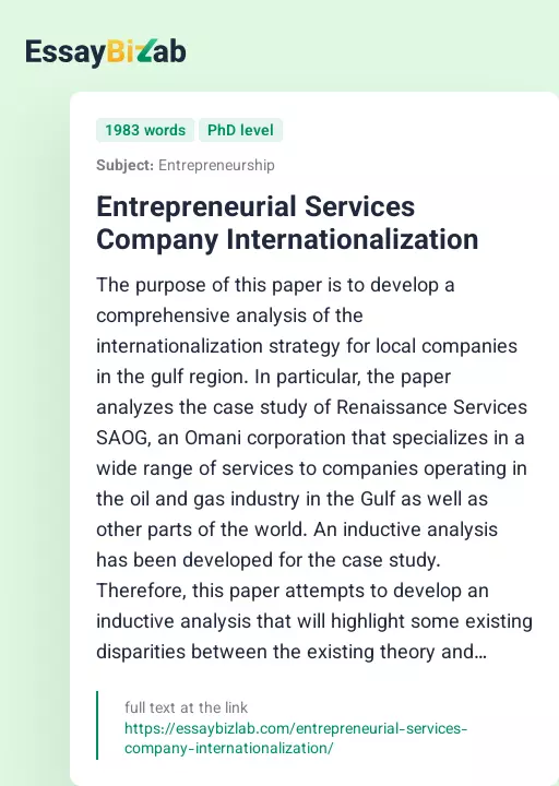 Entrepreneurial Services Company Internationalization - Essay Preview