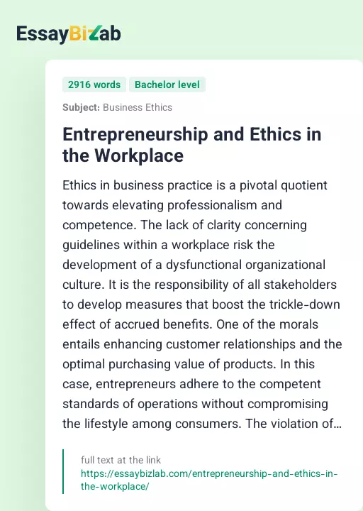 Entrepreneurship and Ethics in the Workplace - Essay Preview