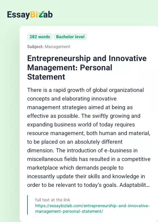 Entrepreneurship and Innovative Management: Personal Statement - Essay Preview