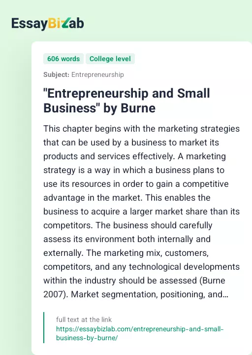 "Entrepreneurship and Small Business" by Burne - Essay Preview