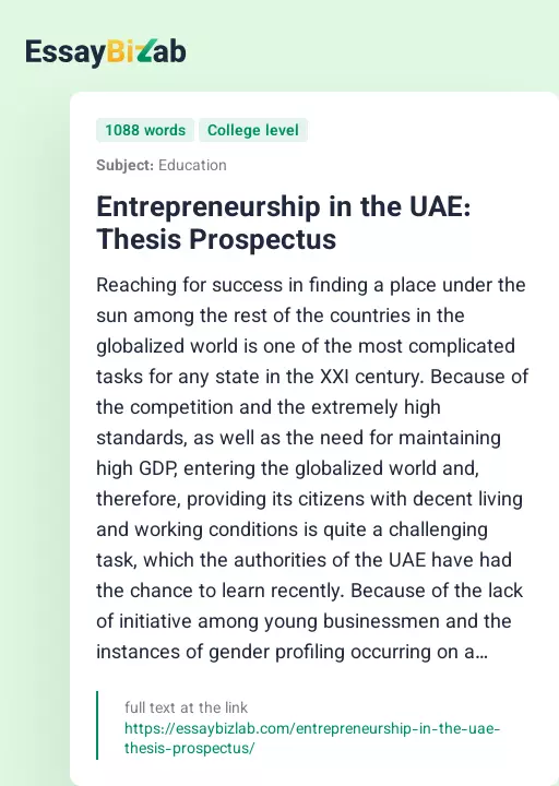 Entrepreneurship in the UAE: Thesis Prospectus - Essay Preview