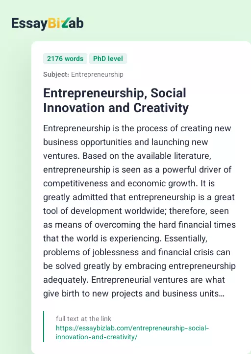 Entrepreneurship, Social Innovation and Creativity - Essay Preview