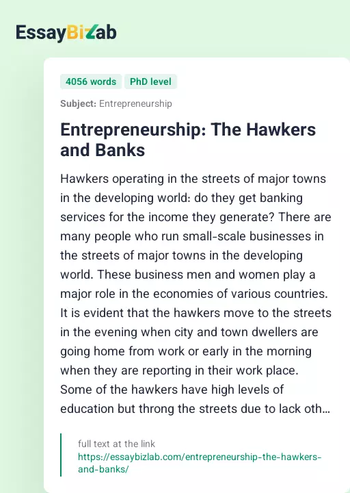 Entrepreneurship: The Hawkers and Banks - Essay Preview