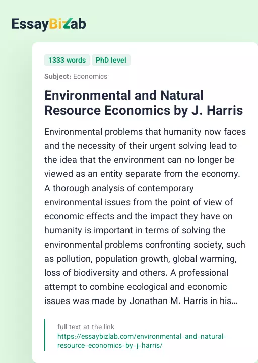 Environmental and Natural Resource Economics by J. Harris - Essay Preview