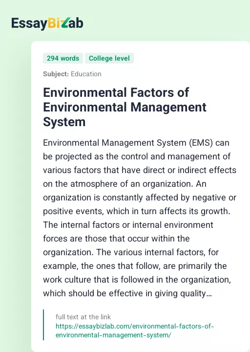 Environmental Factors of Environmental Management System - Essay Preview