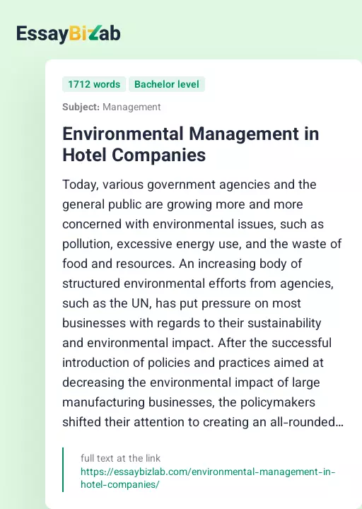 Environmental Management in Hotel Companies - Essay Preview