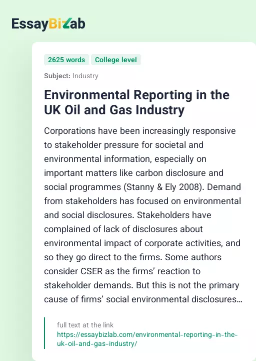 Environmental Reporting in the UK Oil and Gas Industry - Essay Preview