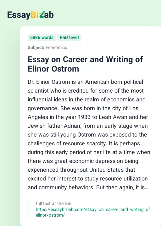 Essay on Career and Writing of Elinor Ostrom - Essay Preview