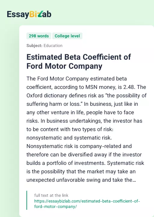 Estimated Beta Coefficient of Ford Motor Company - Essay Preview
