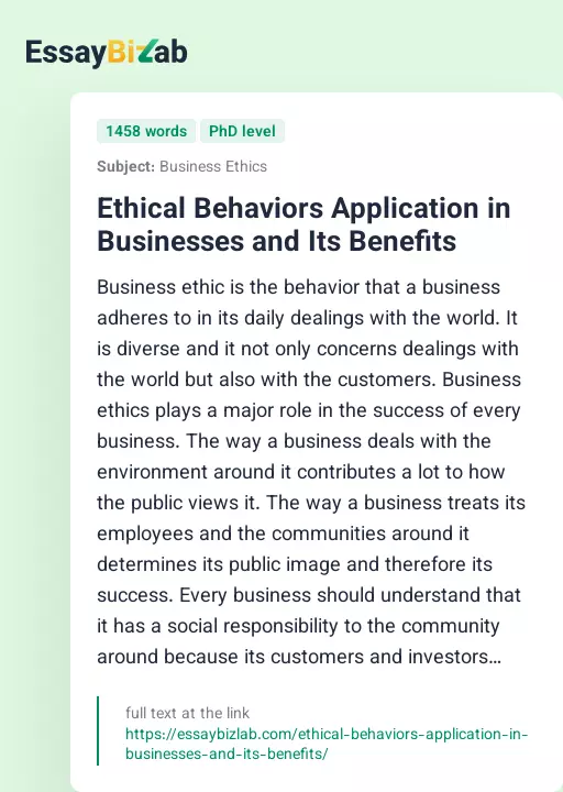 Ethical Behaviors Application in Businesses and Its Benefits - Essay Preview