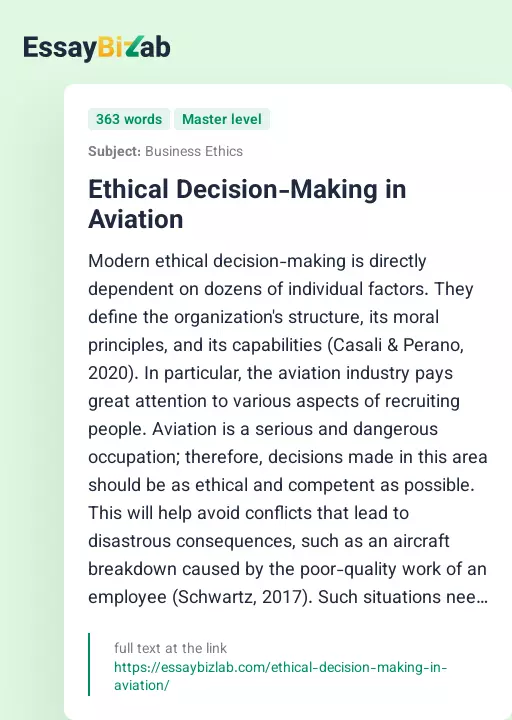 Ethical Decision-Making in Aviation - Essay Preview