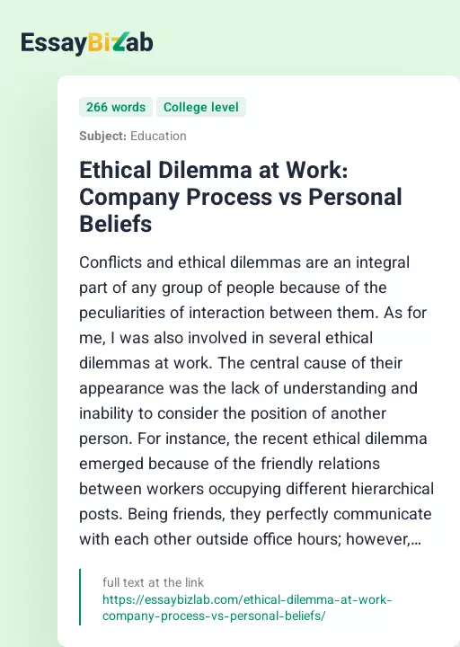 Ethical Dilemma at Work: Company Process vs Personal Beliefs - Essay Preview