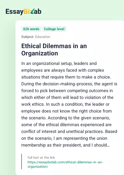 Ethical Dilemmas in an Organization - Essay Preview