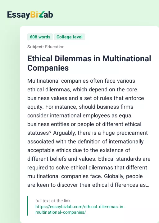 Ethical Dilemmas in Multinational Companies - Essay Preview