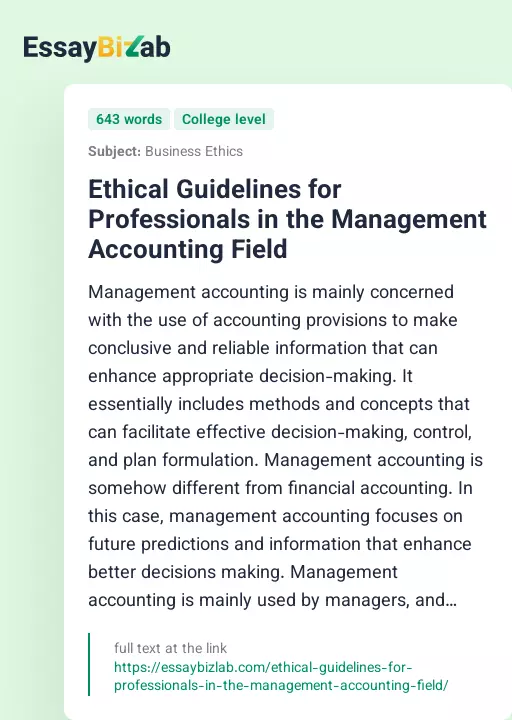 Ethical Guidelines for Professionals in the Management Accounting Field - Essay Preview