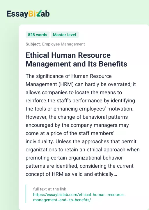 Ethical Human Resource Management and Its Benefits - Essay Preview