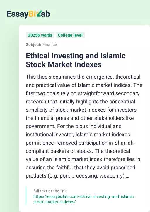 Ethical Investing and Islamic Stock Market Indexes - Essay Preview