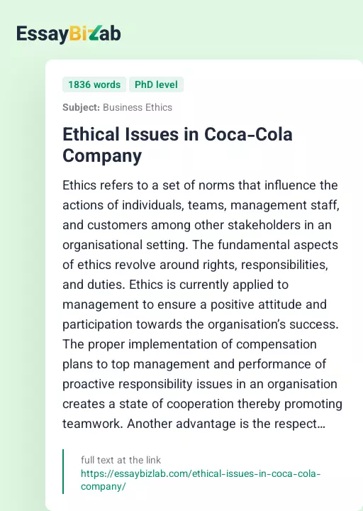 Ethical Issues in Coca-Cola Company - Essay Preview